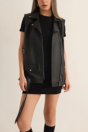 Kadın Siyah Apoletli Crop Deri Ceket