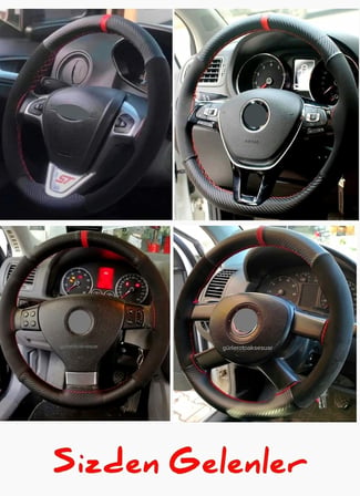 VW ile uyumlu Golf 7 Uyumlu Alkantara Karbon Direksiyon Kılıfı Kırmızı Yüzüklü