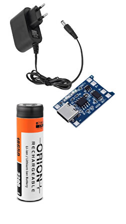 1 Adet Orion Li-ion Pil, TP4056 Type-C Korumalı 18650 Pil Şarj Devresi ve 5V 1A Adaptör