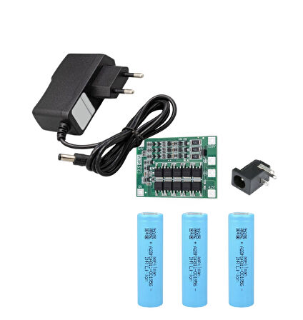 3 Adet Aspilsan Li-ion Pil, 3S 40A BMS, 12.6 Volt 2 Amper Adaptör ve 5,5x2,5 Dişi Soket