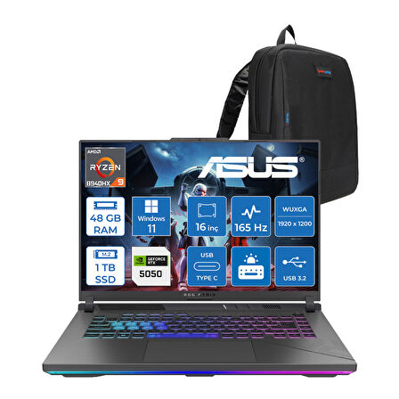 Asus Rog Strix G16 G614PH Amd Ryzen 9 8940HX Aı 48GB GB 1tb SSD 8GB/RTX5050 Gddr7 115W 16" Wuxga 165Hz 300NİTS  Windows 11 Pro Taşınabilir Bilgisayar WARV057P19+ZETTAÇANTA