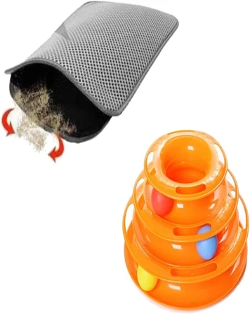 2 Li Set Tower Of Tracks Kedi Oyuncağı + Elekli Kedi Tuvalet Paspası (gri)