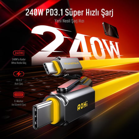 AOHI Prometheus 3’ü 1 Arada Titanyum EDC Çok Amaçlı 240W Şarj ve Veri Kablosu