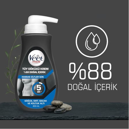 Veet Men Hassas Ciltler İçin Tüy Dökücü Krem, Göğüs Sırt Bacak Ve Koltuk Altı,%88 Doğal İçerik Ve Ginseng Özlü, 400 ML