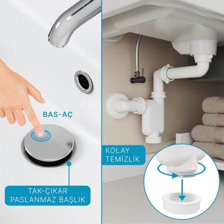 Smart Pop-up sifon, Taşma Delikli Krom +Comfort Yer Kazandıran Lavabo sifonu -2 Parça Set