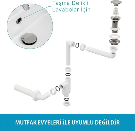Smart Pop-up sifon, Taşma Delikli Krom +Comfort Yer Kazandıran Lavabo sifonu -2 Parça Set