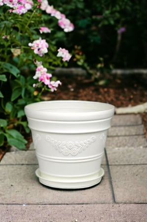 Antik Papatya Desenli Beyaz Saksı 3 Litre Beyaz