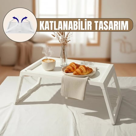 Katlanabilir Yatak Üstü Laptop Sehpası ve Kahvaltı Masası - Tablet ve Telefon Standlı Çok Amaçlı Portatif Çalışma Sehpası (56x36x26 cm) (BEYAZ)