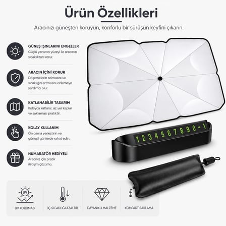 Orret Home Şemsiye Şeklinde Katlanabilir Oto Güneşlik ve Oto Numaratör Seti – Araç Güneşliği, Otomobil Ön Cam Güneşlik, Araba Güneşliği, Numaratör Hediyeli Güneş Koruyucu (140x79 cm)