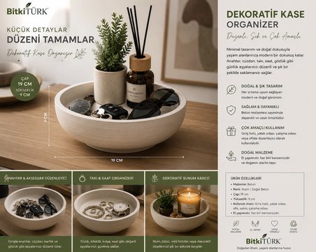 Dekoratif Beton Saksı 20 cm El Yapımı Çok Amaçlı Beton Kase Saksı Sukulent Kaktüs Bonsai Mumluk Meyvelik Organizer