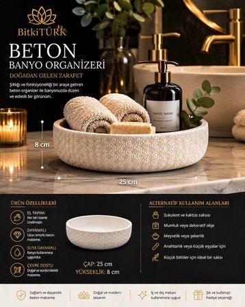Dekoratif Beton Saksı 25 cm El Yapımı Çok Amaçlı Beton Kase Saksı Sukulent Bonsai Mumluk Meyvelik Organizer