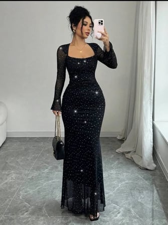 Taş İşlemeli Tül Payetli Mermaid Maxi Elbise - 2 Renk