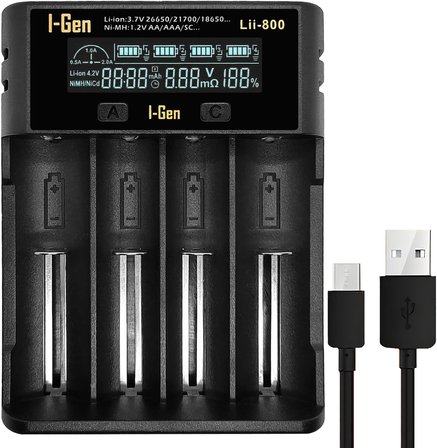 Batteries Lii-800 Akıllı Li-ion Pil Şarj Cihazı, Type-C Girişli, LCD Ekranlı, 4 Slot Şarj, Li-ion &amp; Ni-MH Uyumlu (18650/21700 / AA/AAA)