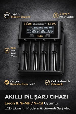 Batteries Lii-800 Akıllı Li-ion Pil Şarj Cihazı, Type-C Girişli, LCD Ekranlı, 4 Slot Şarj, Li-ion &amp; Ni-MH Uyumlu (18650/21700 / AA/AAA)