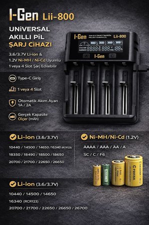Batteries Lii-800 Akıllı Li-ion Pil Şarj Cihazı, Type-C Girişli, LCD Ekranlı, 4 Slot Şarj, Li-ion &amp; Ni-MH Uyumlu (18650/21700 / AA/AAA)