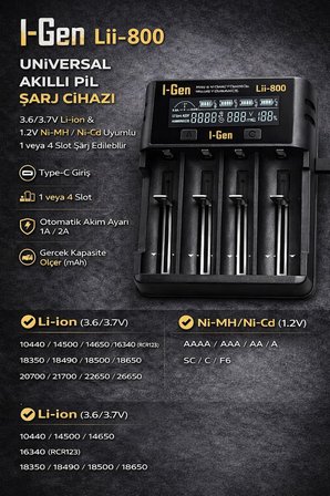 Batteries Lii-800 Akıllı Li-ion Pil Şarj Cihazı, Type-C Girişli, LCD Ekranlı, 4 Slot Şarj, Li-ion &amp; Ni-MH Uyumlu (18650/21700 / AA/AAA)