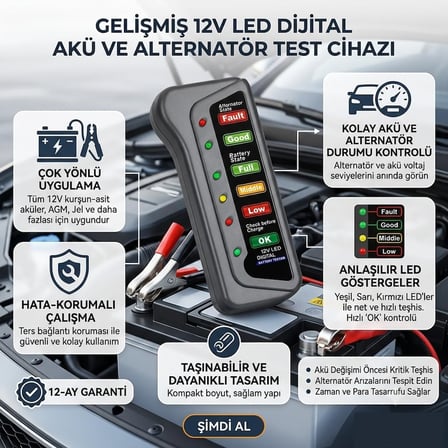 12V LED Araç Akü ve Alternatör Test Cihazı