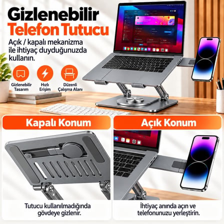 McStorey 2'si 1 Arada Laptop Standı, Karbon Çelik 360° Döner Yükseklik Ayarlı, Gizlenebilir MagSafe Uyumlu Telefon Tutuculu Notebook Standı, MacBook Uyumlu, 17.3 İnçe Kadar Gri