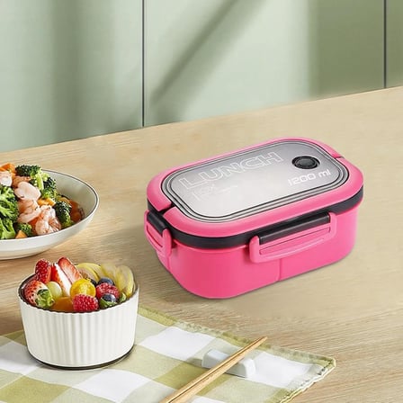 1200 ml 2 Katlı 6 Bölmeli BPA'sız PP Plastik Sefer Tası ve Beslenme Çantası - Hava Kilitli Bento Lunch Box, Çatal ve Kaşık Dahil (Pembe)