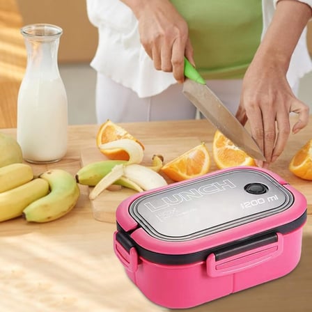 1200 ml 2 Katlı 6 Bölmeli BPA'sız PP Plastik Sefer Tası ve Beslenme Çantası - Hava Kilitli Bento Lunch Box, Çatal ve Kaşık Dahil (Pembe)