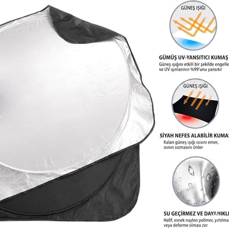 ® Oto Ön Cam Güneşliği 150x70 cm - Katlanabilir Çift Katmanlı UV Yansıtıcı Gümüş Araba Güneş Koruyucu Perde, Torpido Boy Özel Çantalı Araç İçi Isı Engelleyici Stor Gölgelik
