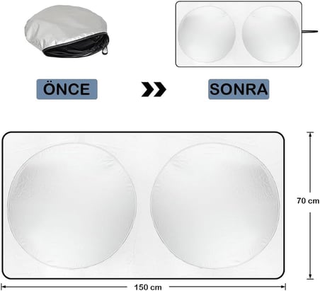 ® Oto Ön Cam Güneşliği 150x70 cm - Katlanabilir Çift Katmanlı UV Yansıtıcı Gümüş Araba Güneş Koruyucu Perde, Torpido Boy Özel Çantalı Araç İçi Isı Engelleyici Stor Gölgelik