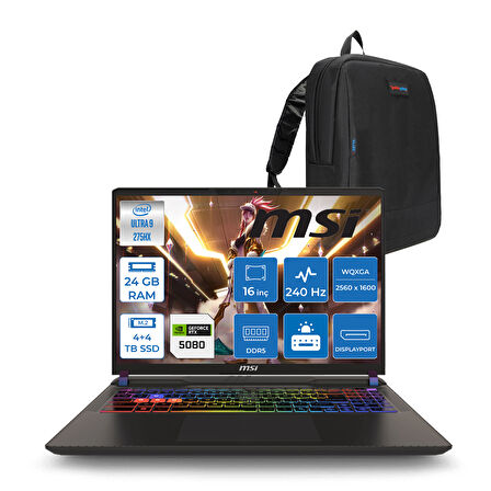 Msı Vector 16 Hx Aı WA2XWIG-090XTR Ultra 9 275HX Aı 24GB GB 4tb Ssd+4tb SSD 16GB/RTX5080 Gddr7 175W 16" Qhd+ (2560X1600) 240HZ Freedos Gaming Laptop WA2XWIG090XTRF08+ZETTAÇANTA