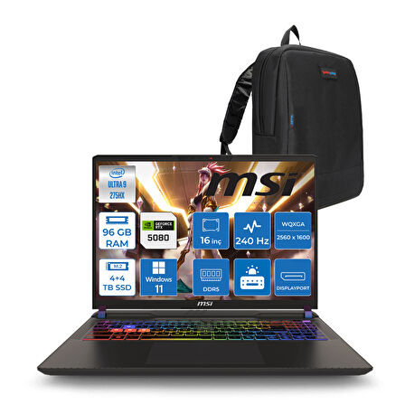 Msı Vector 16 Hx Aı WA2XWIG-090XTR Ultra 9 275HX Aı 96GB GB 4tb SSD +4tb SSD 16GB/RTX5080 Gddr7 175W 16" Qhd+ (2560X1600) 240HZ WIN11HOME Gaming Laptop WA2XWIG090XTRH40+ZETTAÇANTA