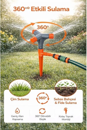 3 Kollu Döner Bahçe Fıskiyesi, 360° Sulama, Kazıklı Montaj, Hortum Bağlantılı, Çim ve Sebze Bahçesi için