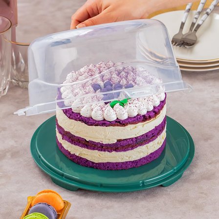 1093 Koyu Yeşil Yuvarlak Kek Pasta Börek Saklama Kabı - Kilitli Kapaklı Taşıma Fanusu 25 cm