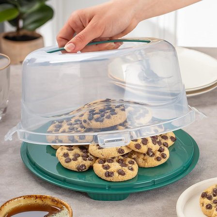 1093 Koyu Yeşil Yuvarlak Kek Pasta Börek Saklama Kabı - Kilitli Kapaklı Taşıma Fanusu 25 cm