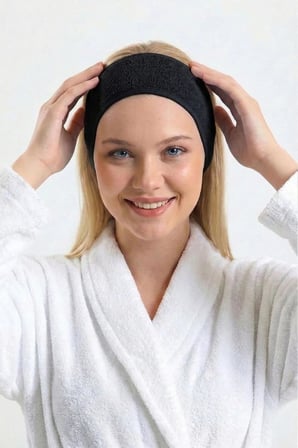 %100 Pamuk Makyaj Saç Bandı Cilt Bakımı SPA Spor Yoga İçin Cırt Cırtlı Kafa Bandı (Siyah-Beyaz)