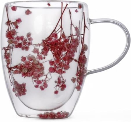 350ml Çift Cidarlı Çiçekli Kupa – Isıya Dayanıklı Çift Katmanlı Cam Çay &amp; Kahve Kupası | Şık ve Ergonomik Tasarım