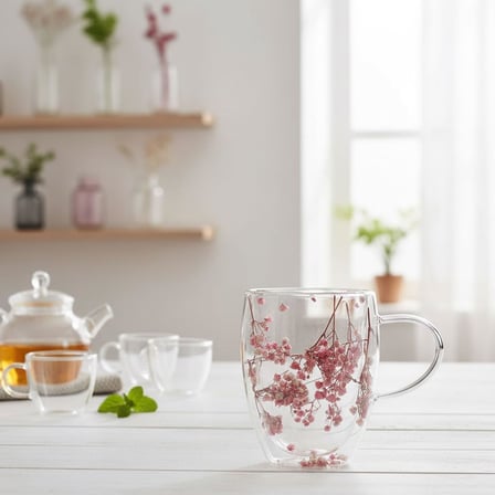 350ml Çift Cidarlı Çiçekli Kupa – Isıya Dayanıklı Çift Katmanlı Cam Çay &amp; Kahve Kupası | Şık ve Ergonomik Tasarım