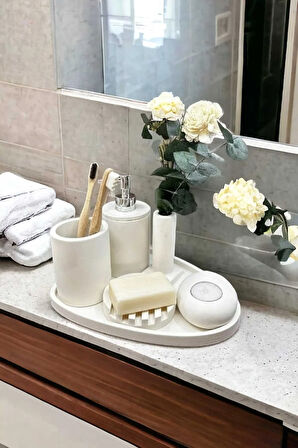 6'lı Kırık Beyaz Beton Banyo Seti Sıvı Sabunluk Diş Fırçalığı ,Tepsili,Mumluklu Aksesuar Takımı