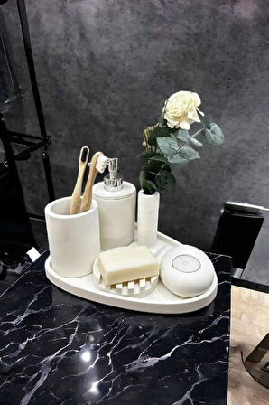 6'lı Kırık Beyaz Beton Banyo Seti Sıvı Sabunluk Diş Fırçalığı ,Tepsili,Mumluklu Aksesuar Takımı