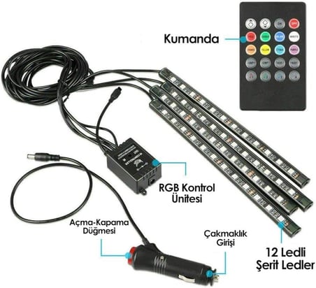 Araç İçi Ayak Altı Led Kumandalı Sese Duyarlı 12'li - RGB