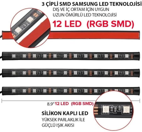 Araç İçi Ayak Altı Led Kumandalı Sese Duyarlı 12'li - RGB
