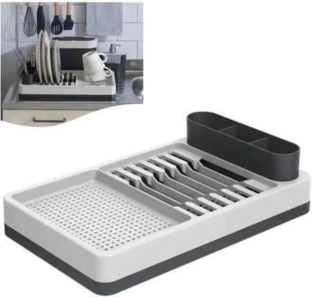 ® Bulaşıklık Tezgah Üstü Tabaklık &amp; Bardaklık – Kaşıklık Bölmeli Mutfak Kurutmalık, Büyük Boy Bulaşık Kurutma Rafı, Damlalıklı Organizer (42x26x12 cm)