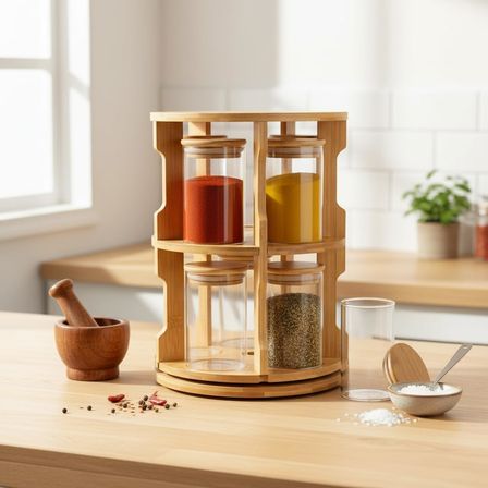 Doğal Bambu 360° Döner Standlı 10'lu Cam Baharatlık Seti - Büyük Boy (250 ml) Ahşap Kapaklı Baharat Takımı