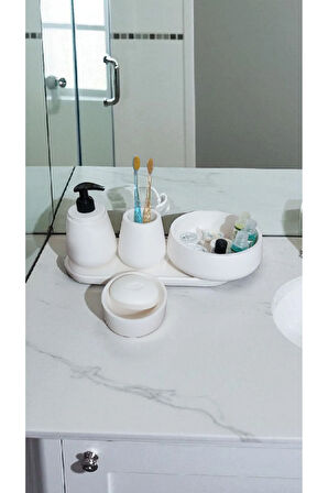 Kırık Beyaz Marble Serisi 5'lı Banyo Seti, Sıvı Sabunluk Diş Fırçalığı Beton Aksesuar Takımı