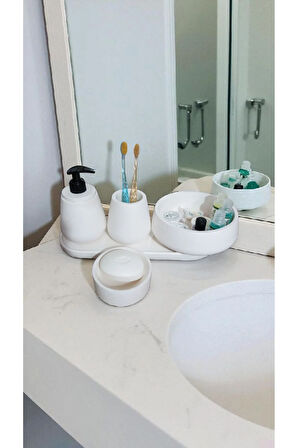 Kırık Beyaz Marble Serisi 5'lı Banyo Seti, Sıvı Sabunluk Diş Fırçalığı Beton Aksesuar Takımı