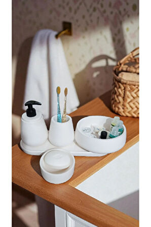 Kırık Beyaz Marble Serisi 5'lı Banyo Seti, Sıvı Sabunluk Diş Fırçalığı Beton Aksesuar Takımı