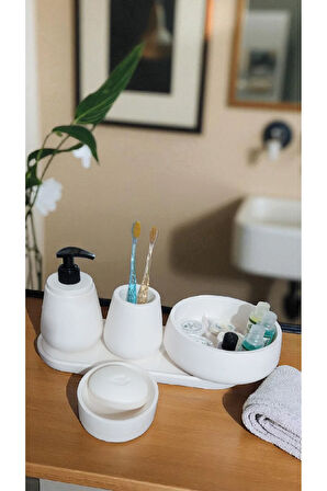 Kırık Beyaz Marble Serisi 5'lı Banyo Seti, Sıvı Sabunluk Diş Fırçalığı Beton Aksesuar Takımı