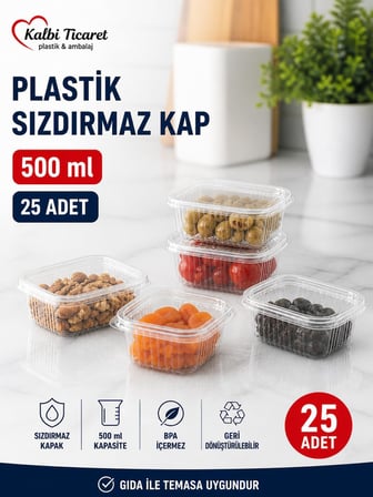Plastik Saklama Kabı 500 gr 25 Adet Plastik Kapaklı Kase Sızdırmaz Kap Şeffaf Kullan At Kase