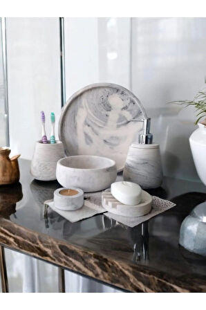 6'lı Mermer Desen Beton Banyo Seti ,Sabunluk,Diş Fırçalığı,Aksesuar,Havluluk,Tepsi,Mumluk,Dekorasyon