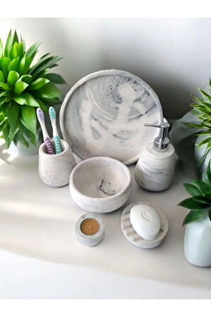 6'lı Mermer Desen Beton Banyo Seti ,Sabunluk,Diş Fırçalığı,Aksesuar,Havluluk,Tepsi,Mumluk,Dekorasyon