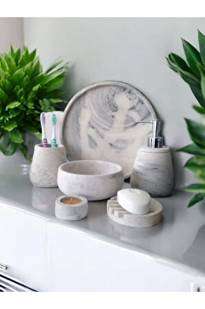 6'lı Mermer Desen Beton Banyo Seti ,Sabunluk,Diş Fırçalığı,Aksesuar,Havluluk,Tepsi,Mumluk,Dekorasyon