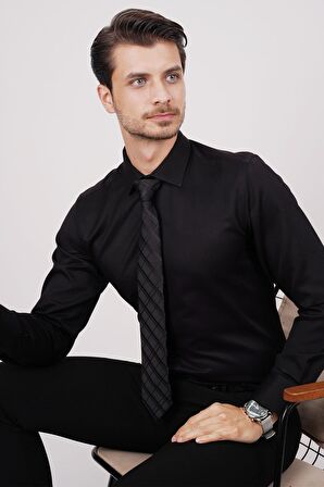 Gömlek Kravat Seti ( sunda Siyah Baklava Desenli Kravat & Siyah Armür Slimfit Gömlek)