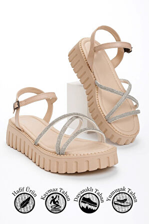 Günlük Kadın Sandalet Taş Bantlı Ayarlanabilir Tokalı Yüksek Kalın Topuk Tırtıklı Taban Bantlı 279